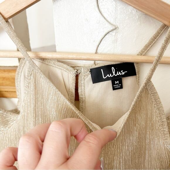 NWT Lulus Hustle Gold Metallic Shimmer Apron Neckline Off the Shoulder Top Sz M - Picture 9 of 9